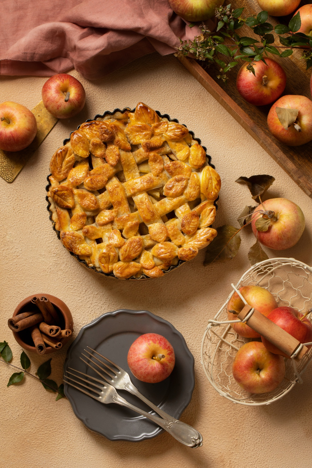 flat lay pie apples arrangement