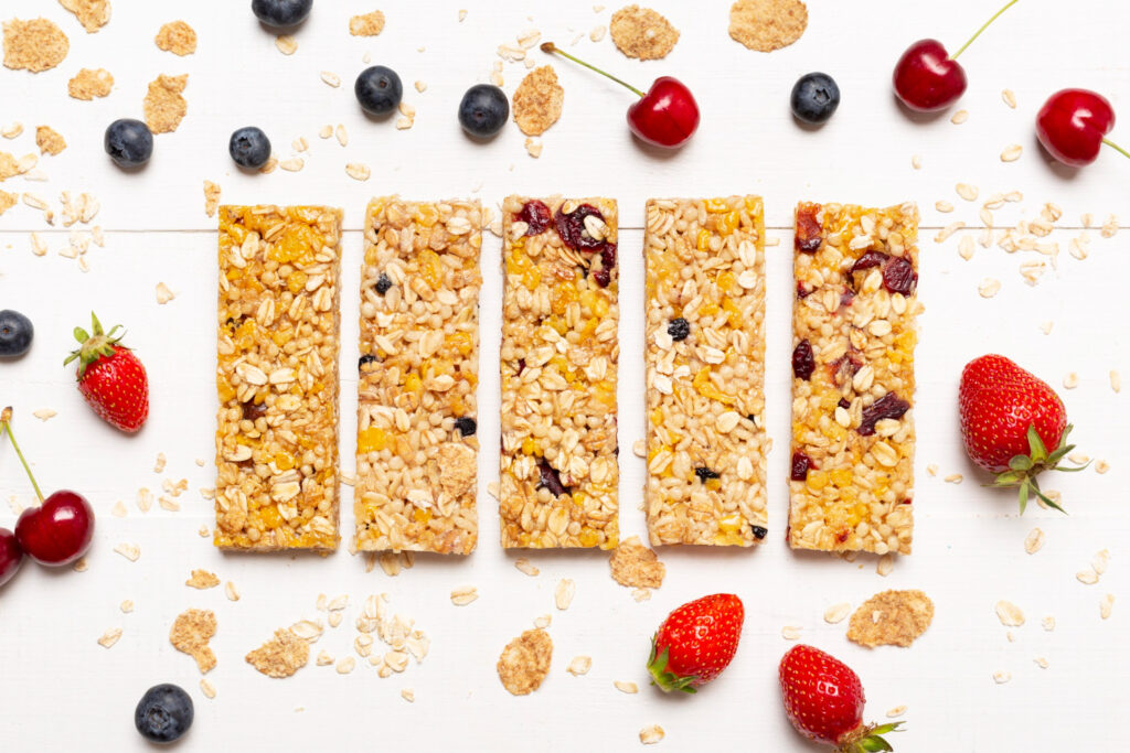 flat lay snack bars with fruits