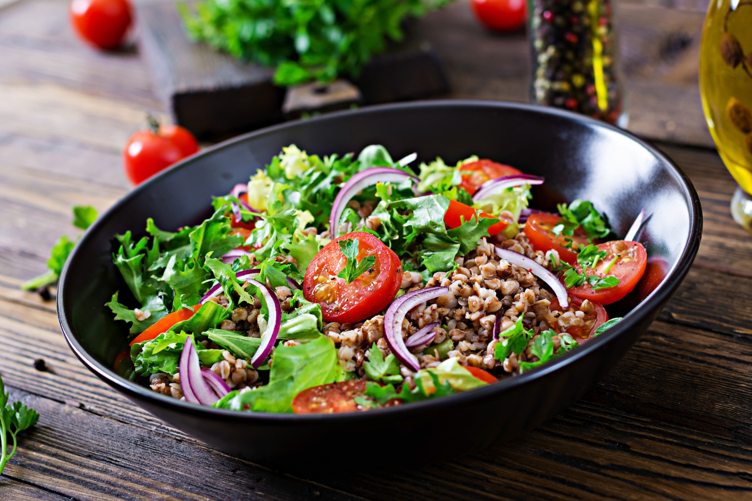 buckwheat salad with cherry tomatoes red onion fresh herbs vegan food diet menu