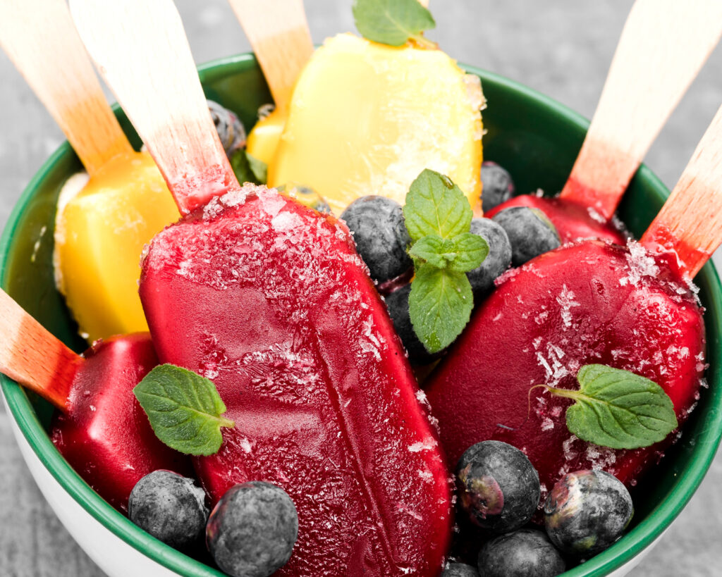 close up ice creams with fruits