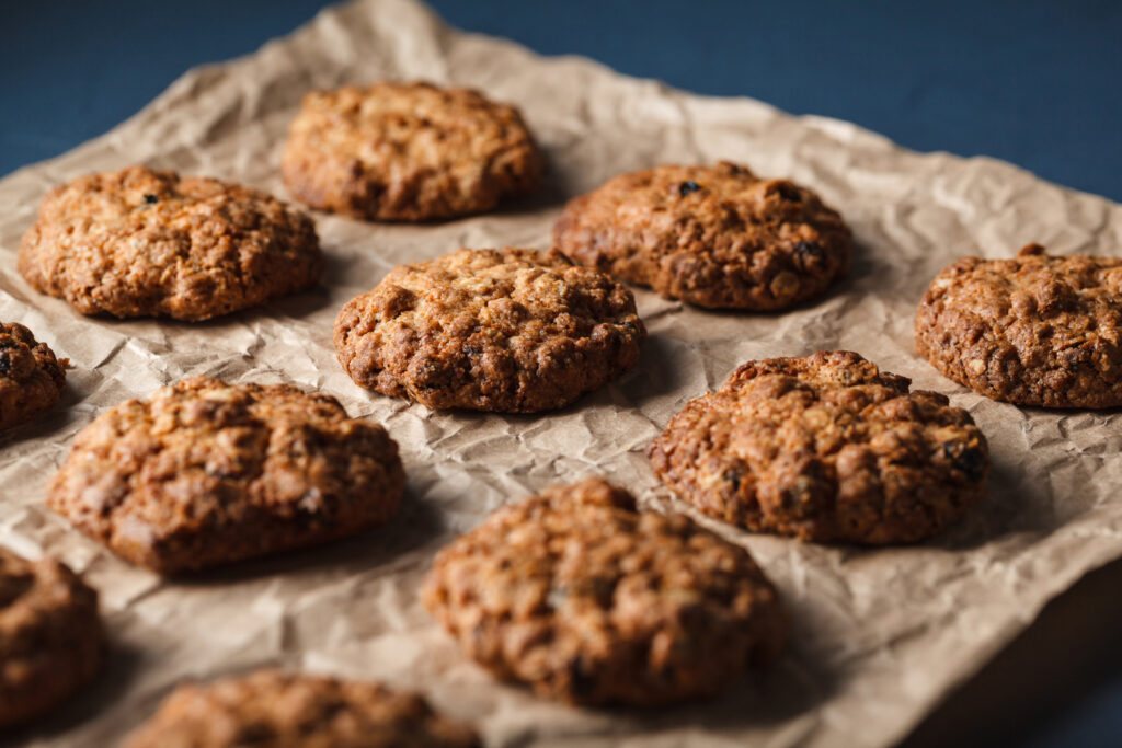 cropped image oatmeal cookies with nuts baking tray