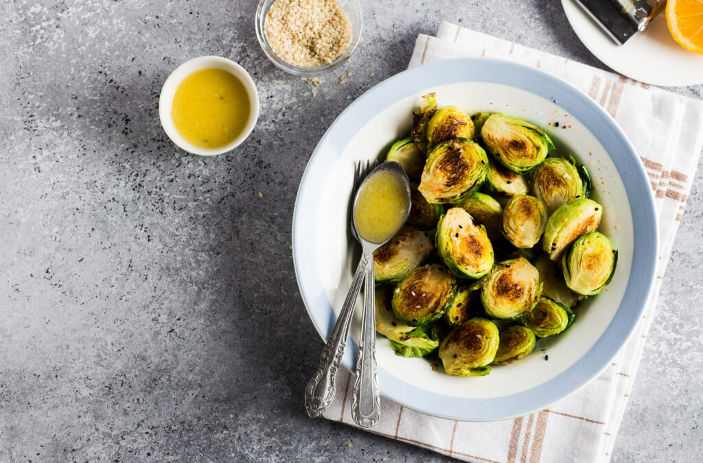 roasted brussels sprouts cabbage with salt pepper sesame
