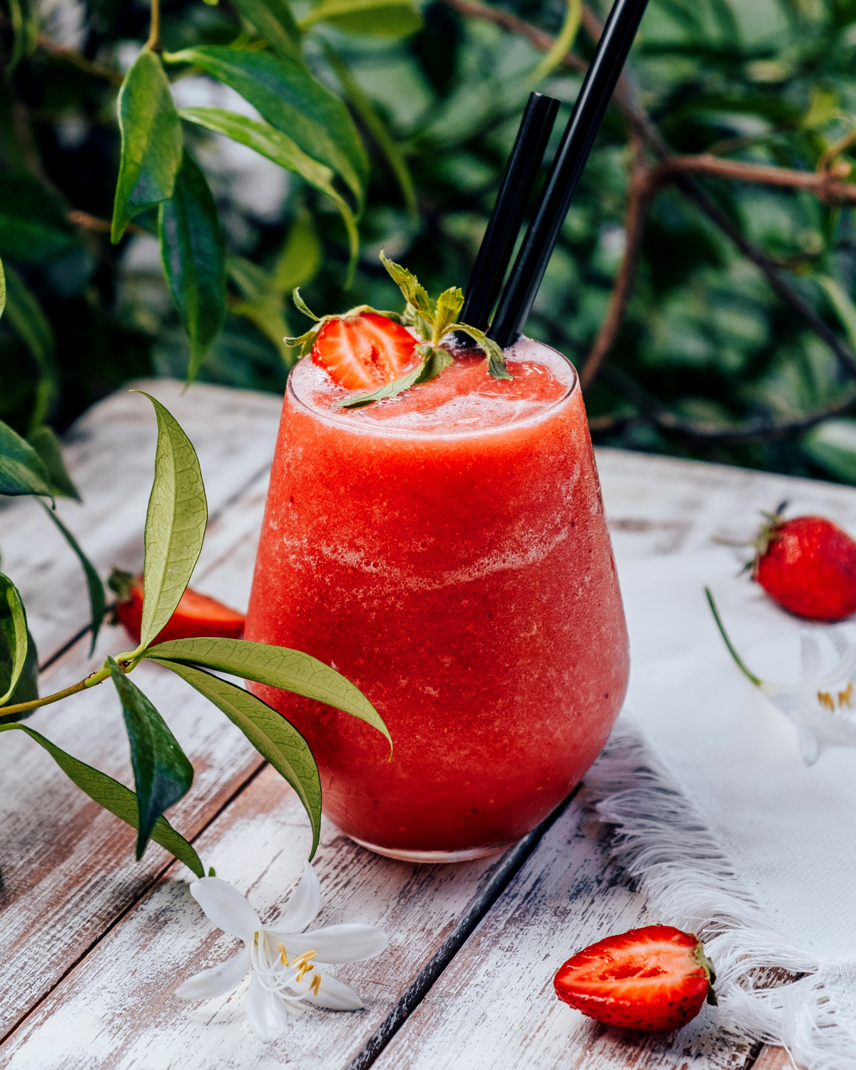 strawberry smoothie with basil table