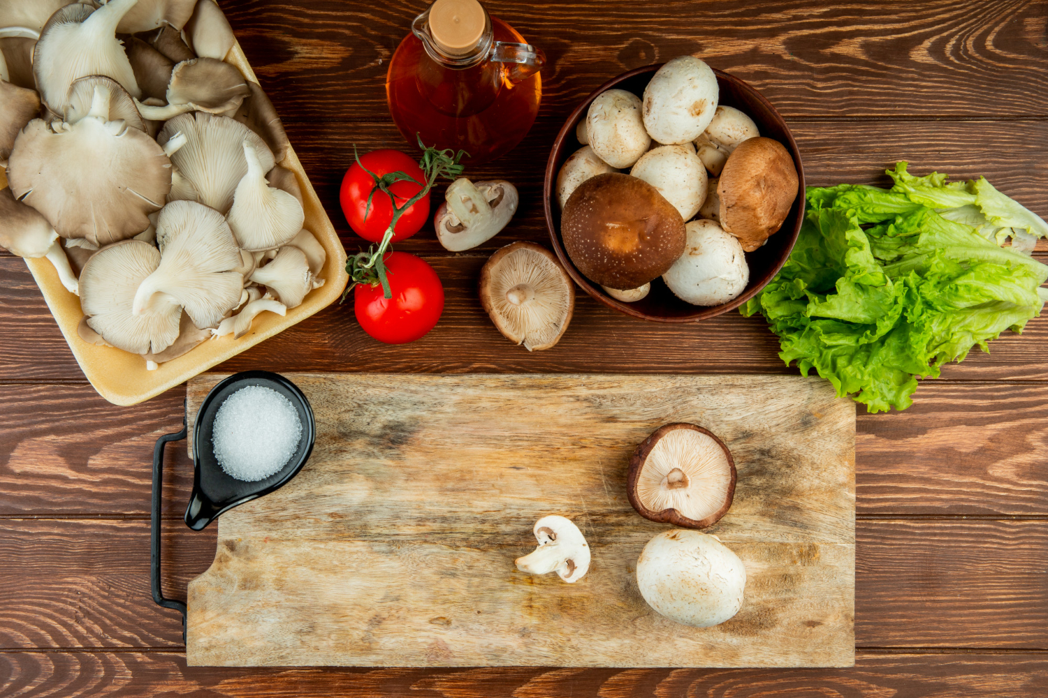 top view fresh mushrooms bowl tomatoes with lettuce wood board with salt sliced mushrooms wood rustic