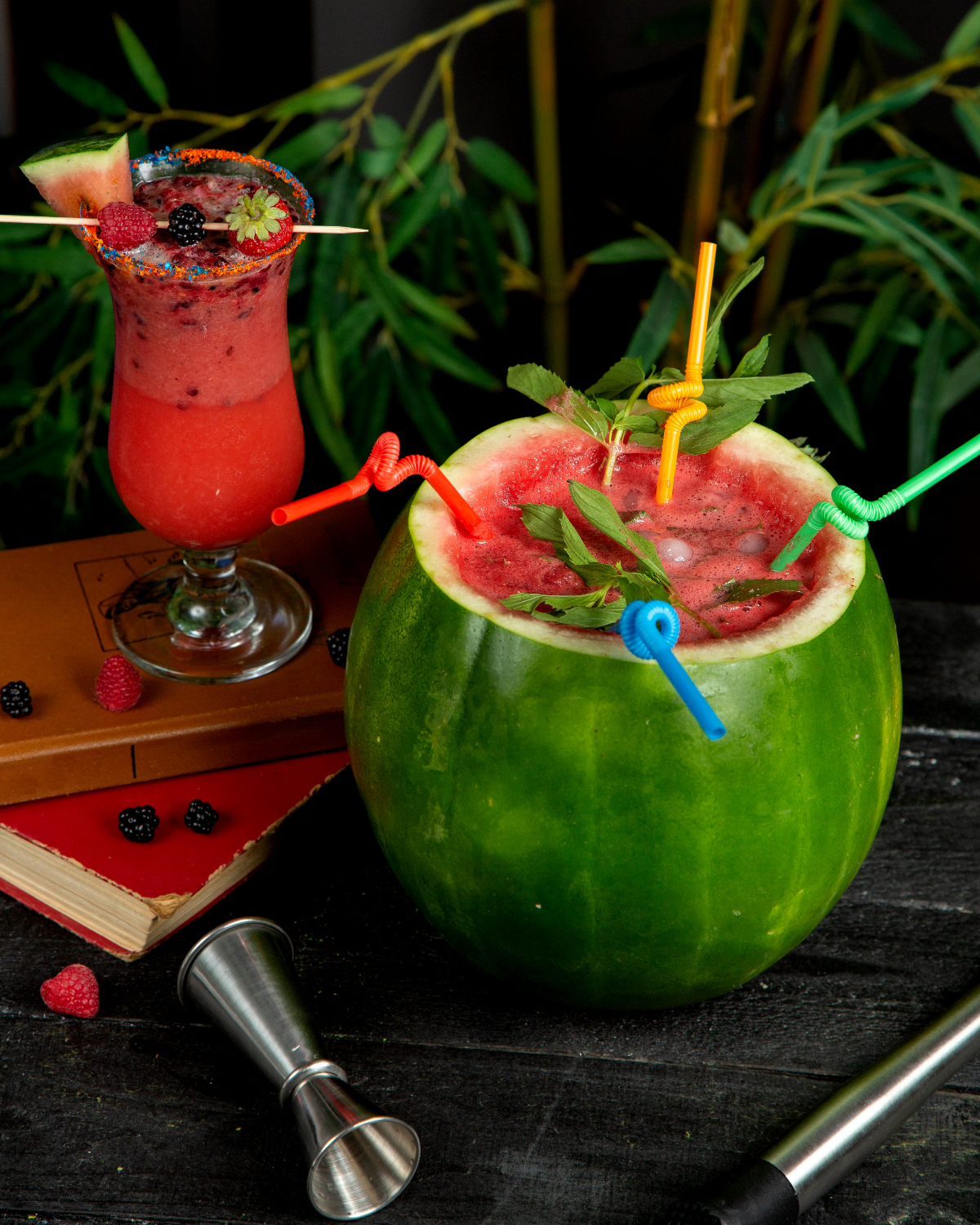 watermelon cocktail with mint served with straws
