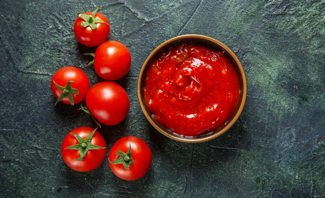 top view fresh red tomatoes with tomato paste dark surface